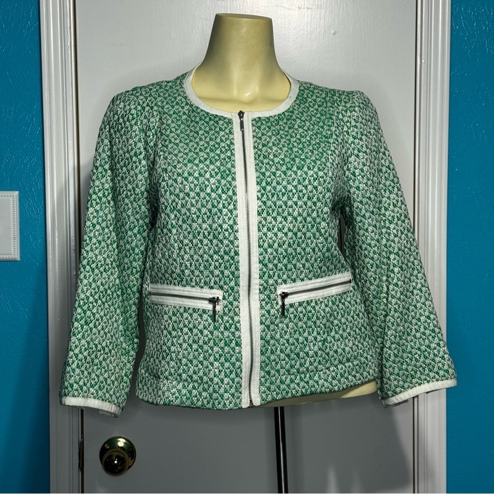 CAbi “726 Clover Tweed Jacket” green & white  3/4 cropped 2 zippered pocket 6
